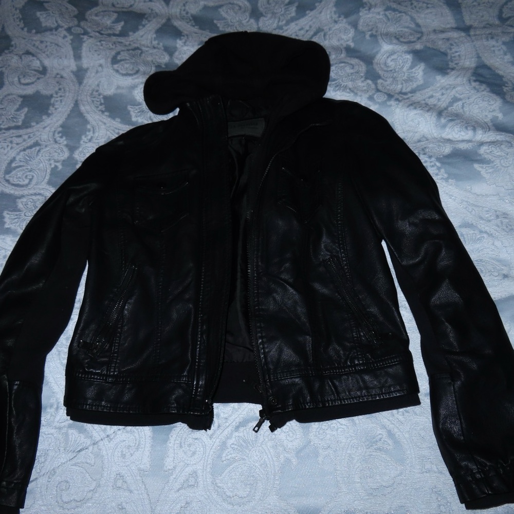 Black Leather Jacket with Hood